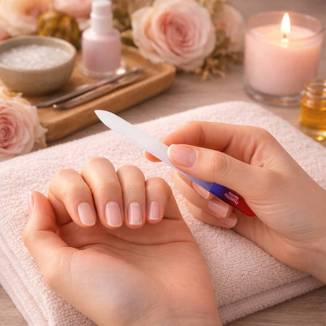 A gradient coloured glass nail file rests in a hand with neatly manicured nails, surrounded by a soft towel and candles.