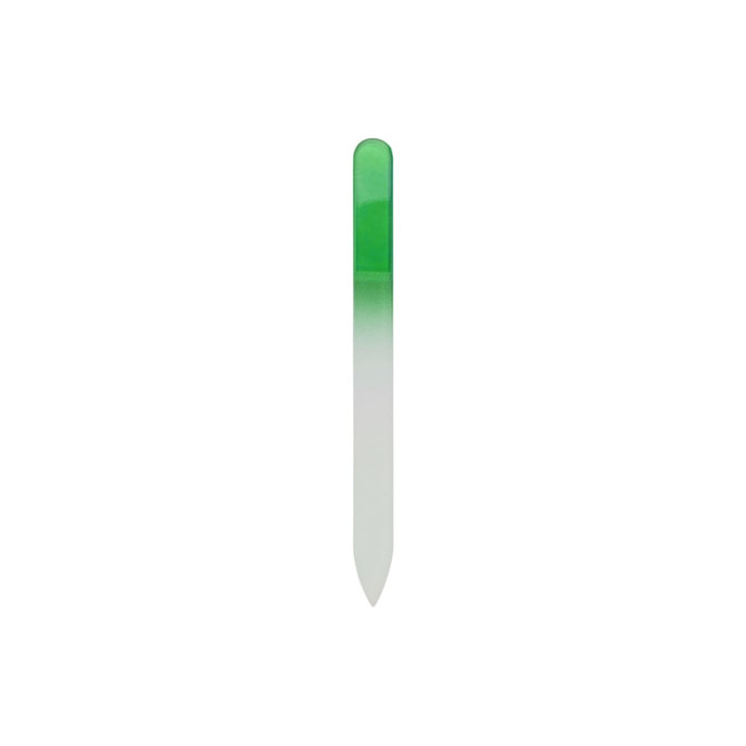 A green and white crystal glass nail file with a pointed tip, featuring a gradient design. It has a logo on the handle.