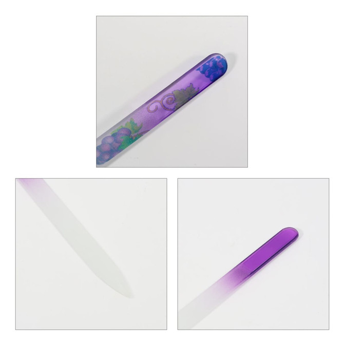 A transparent crystal glass nail file with a purple gradient design and a decorative pattern.