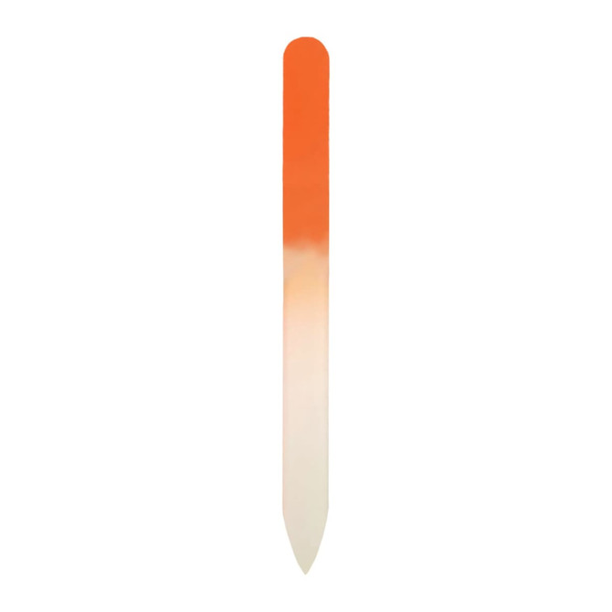 A gradient glass nail file featuring a smooth transition from orange to white. It has a sleek design and a pointed tip.