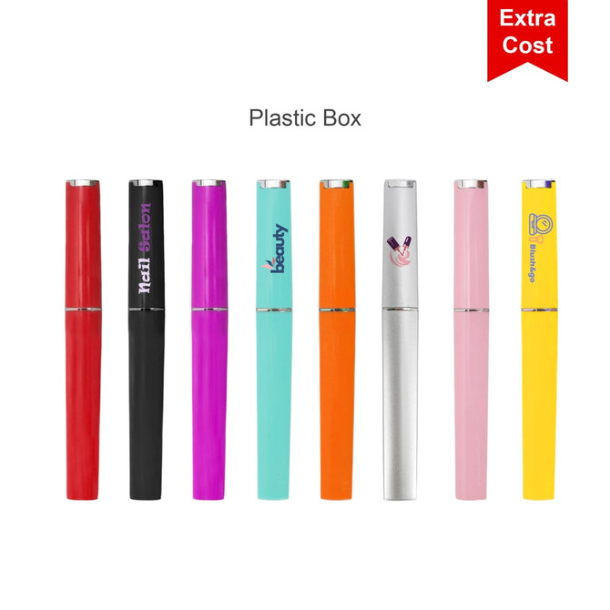 A set of gradient glass nail files in various colours, displayed in a plastic box with assorted caps.