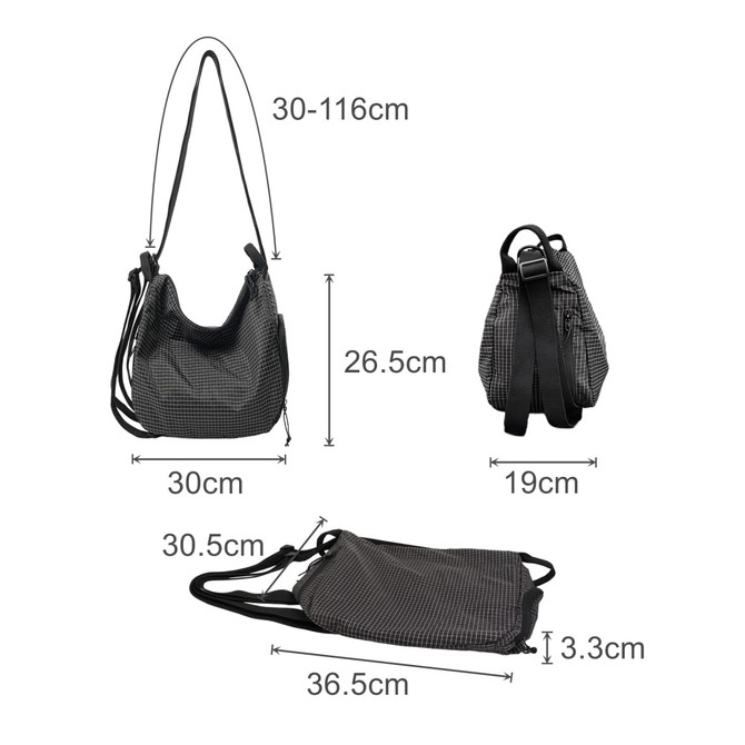 A lightweight black and white check patterned convertible backpack duffel bag with adjustable straps and various dimensions.
