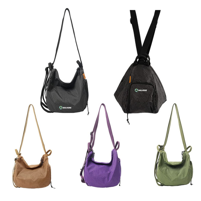 Five convertible lightweight backpack duffel bags in brown, black, purple, and green with various straps and a logo.
