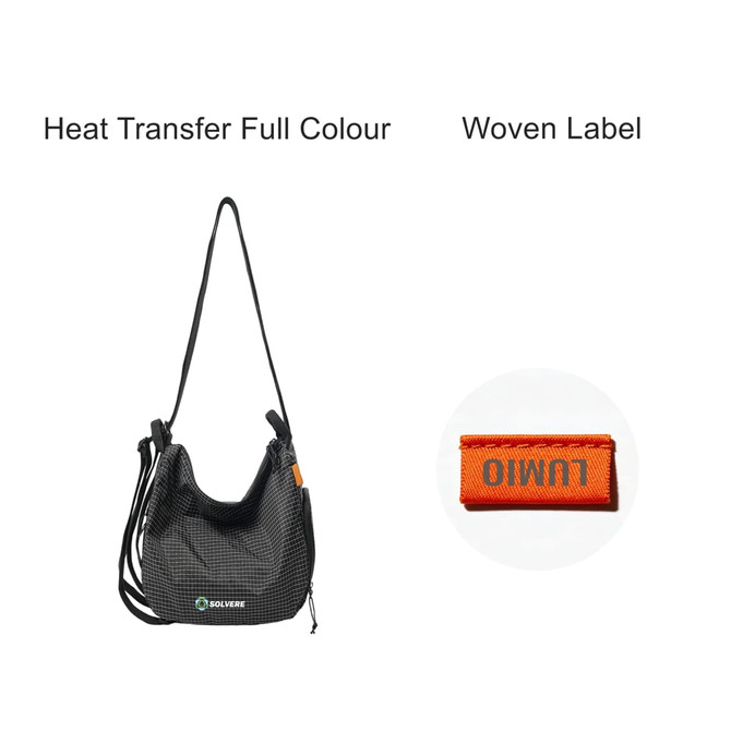 A grey and black checked convertible lightweight backpack duffel bag with an orange label.