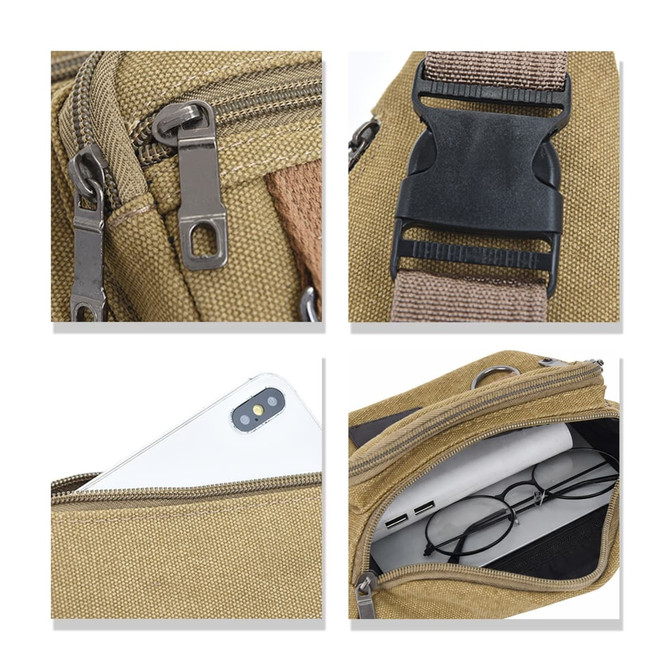 A tan canvas waist bag featuring zippers, a buckle, and compartments for a phone and glasses. It has a logo.