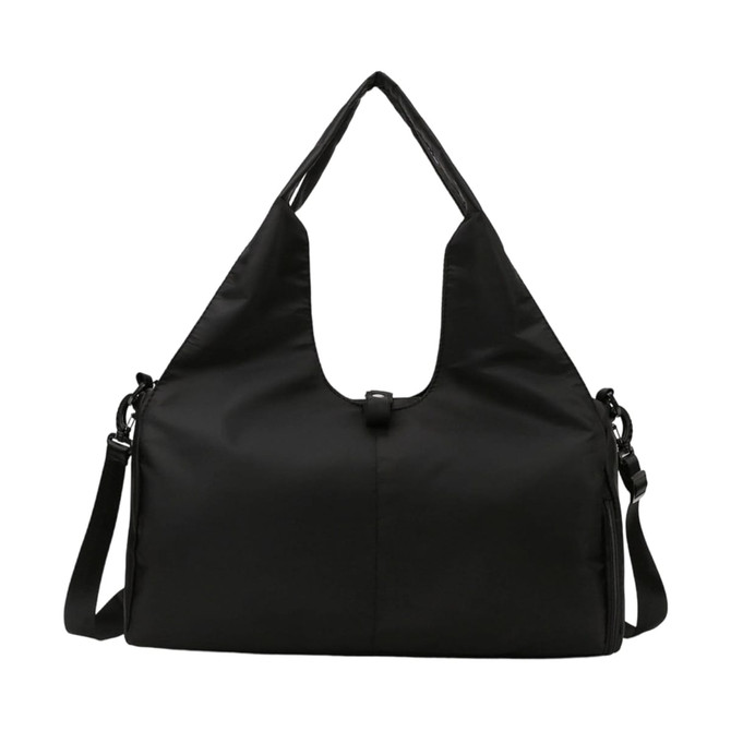 A black duffle bag with a yoga mat strap and adjustable shoulder strap, featuring a logo on the side.