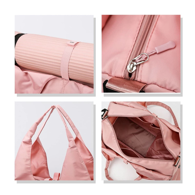A pink duffle bag featuring a yoga mat strap, zip closure, and multiple interior pockets. Includes a logo on the bag.