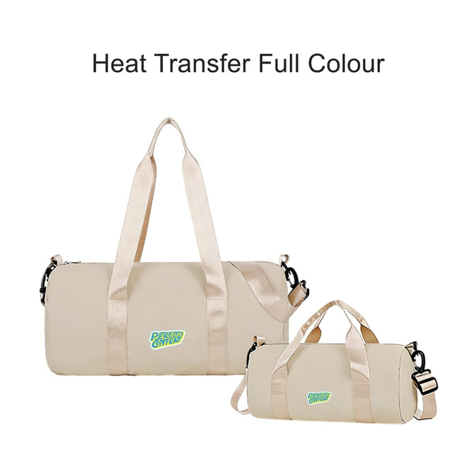 A beige bucket duffle bag with wide straps, featuring a logo and a removable shoulder strap.