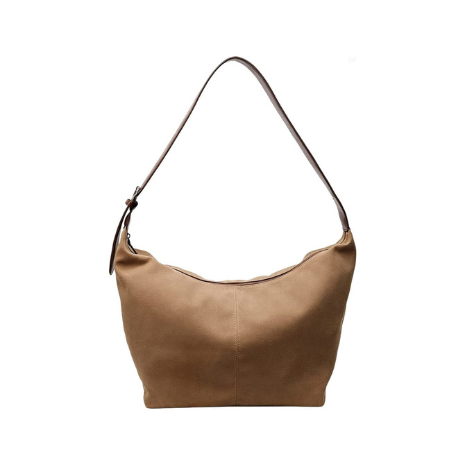 A tote bag in light brown canvas with a brown shoulder strap and a zip closure, featuring a logo.