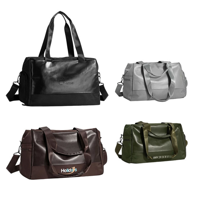A set of four carry-on duffle bags in black, grey, brown, and green, each with a logo or branding.