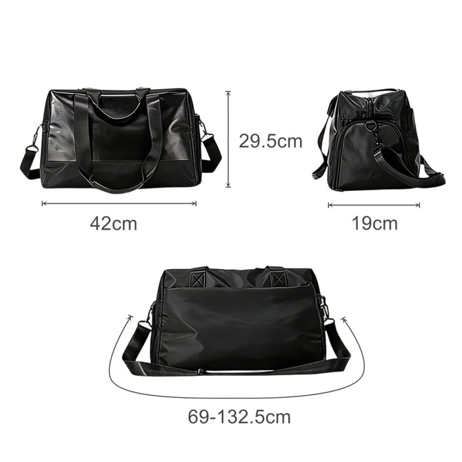 A black carry-on duffle bag with adjustable straps and multiple compartments, shown from various angles.