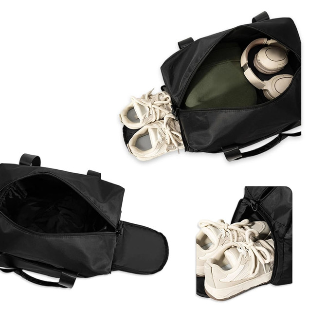 A black duffle bag with a green interior, containing headphones and a pair of white sneakers.