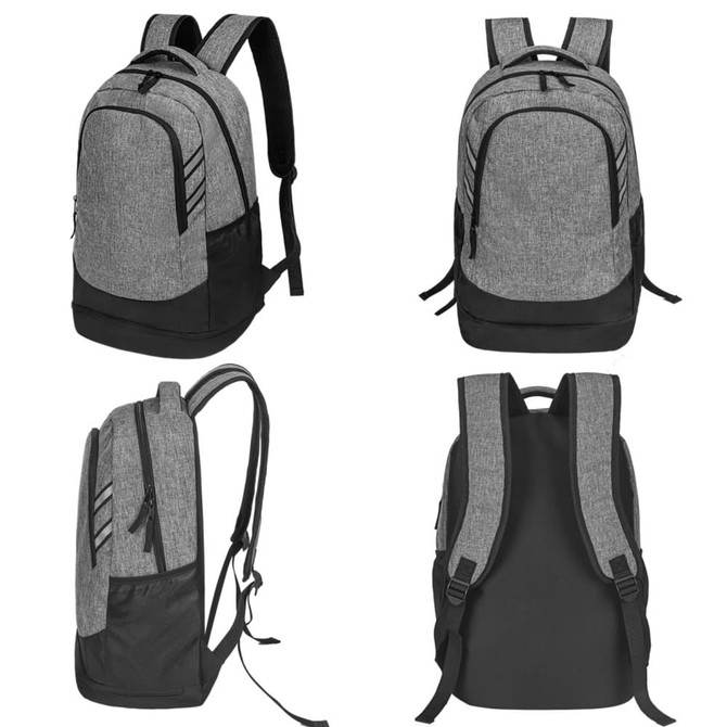 A grey and black backpack with multiple angles displayed, featuring adjustable straps and a logo.