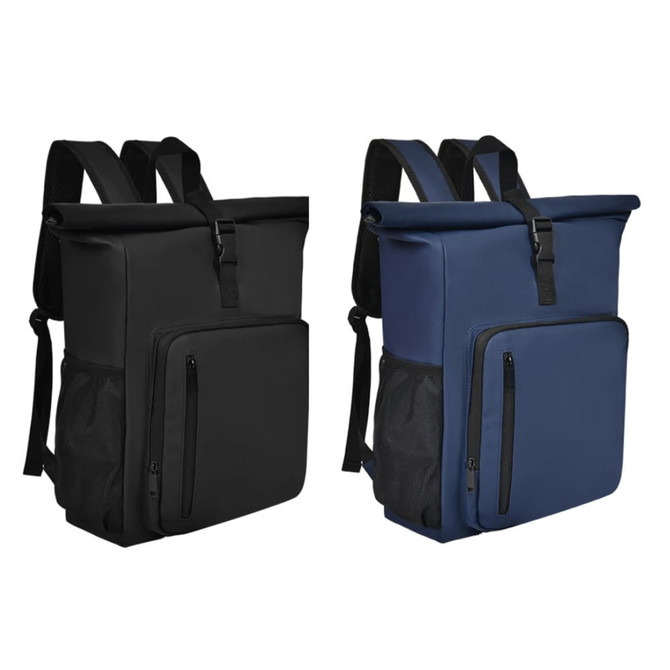 A backpack in black and navy, featuring adjustable straps, a front pocket, and a logo.