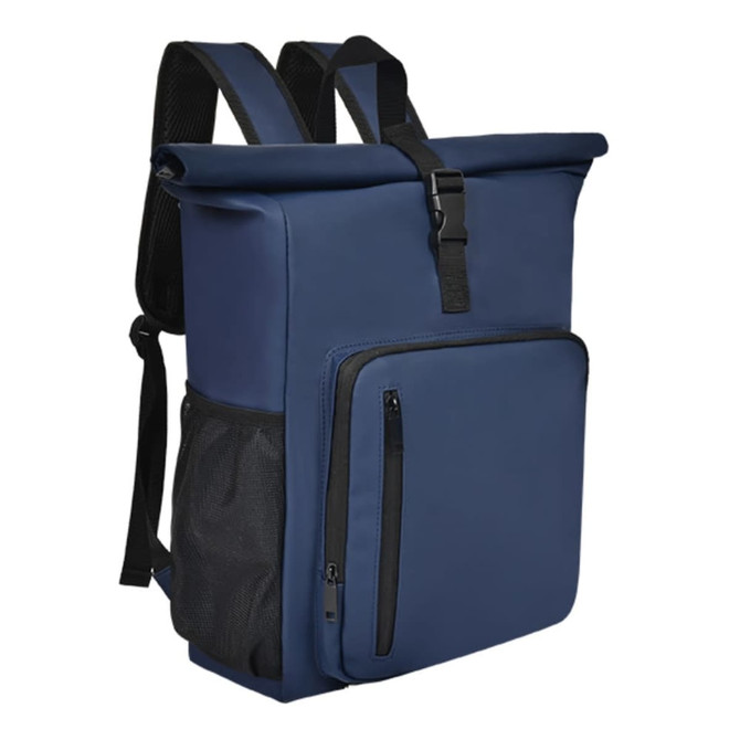 A navy blue backpack featuring a roll-top design, front pocket, and mesh side pocket, with adjustable straps.