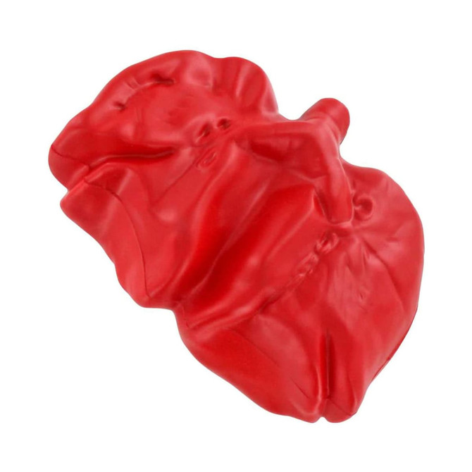 A red lung-shaped stress reliever with a smooth texture and flexible design. It includes a logo.