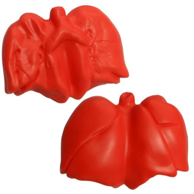 A red lung-shaped stress reliever with a smooth texture, featuring a logo on one side.