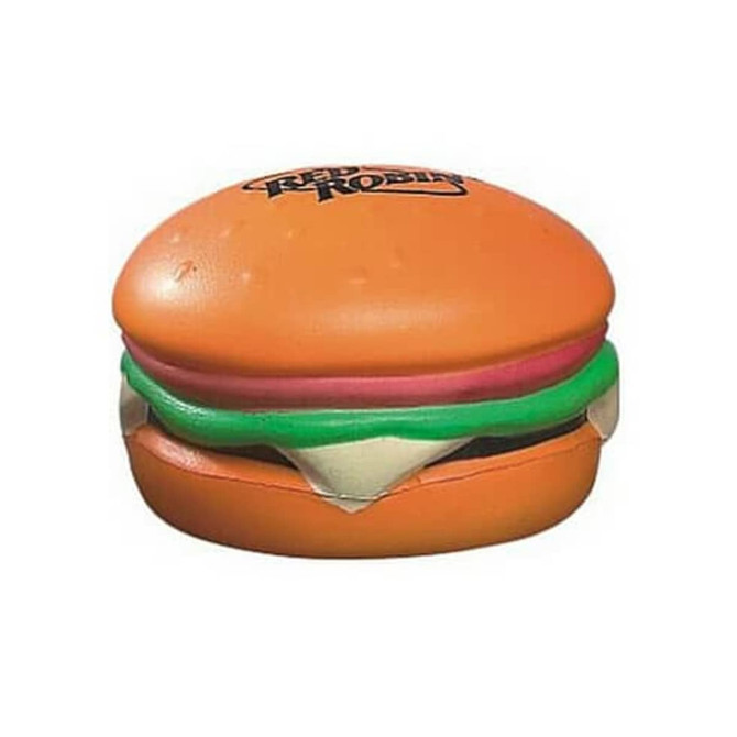 A hamburger-shaped stress reliever in orange, green, and white, featuring a logo on top.