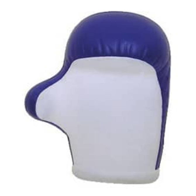 A purple and white boxing glove shaped stress reliever with a logo on the surface.