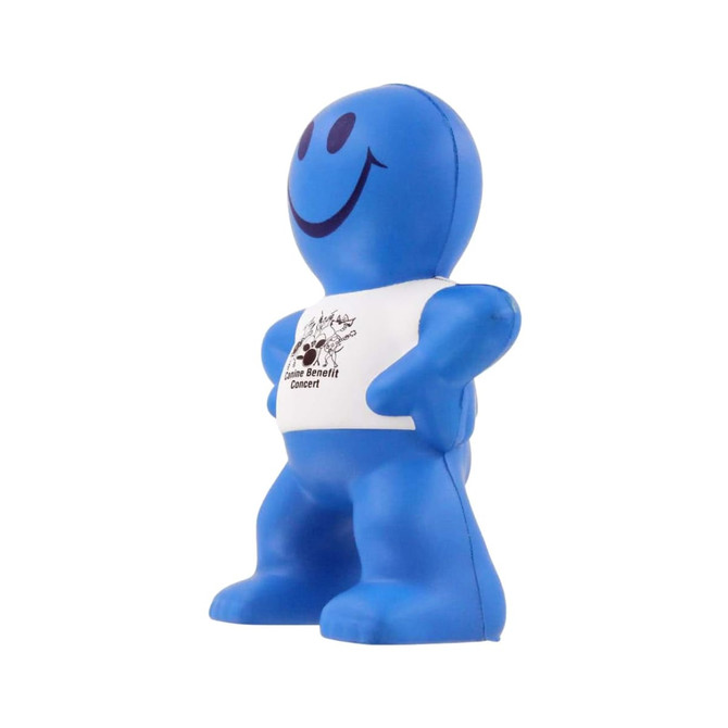 A blue, smiling stress reliever in the shape of a person, wearing a white shirt with a logo.