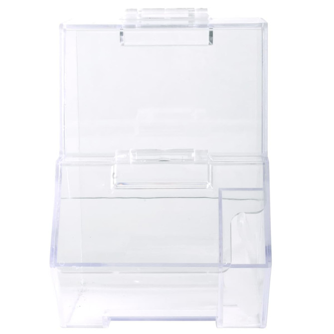 A clear plastic dispenser with a hinged lid and a scoop compartment on the side. It features a simple, transparent design.