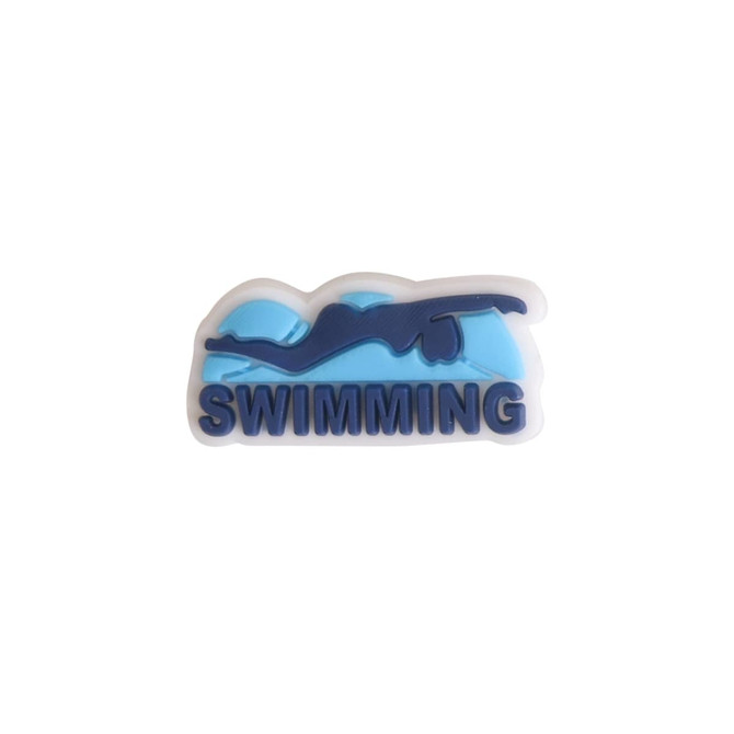 A blue and white charm featuring a swimmer with the word "SWIMMING" underneath. It has a logo on it.