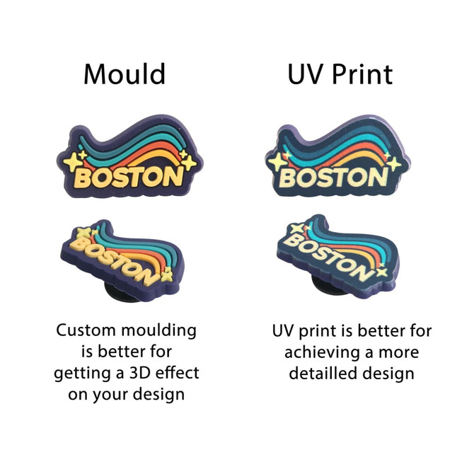 A set of decorative shoe charms featuring a rainbow design with the word "BOSTON" in various styles.