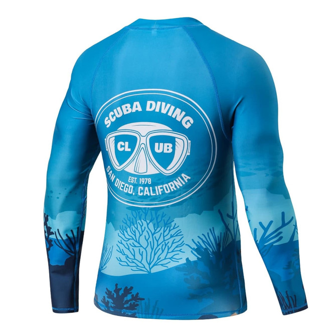 A long-sleeved rashie in blue tones featuring a scuba diving graphic and a logo on the back.