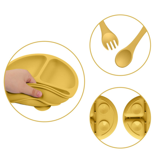 A yellow silicone kids suction plate with compartments, accompanied by a spoon and fork, featuring a logo.