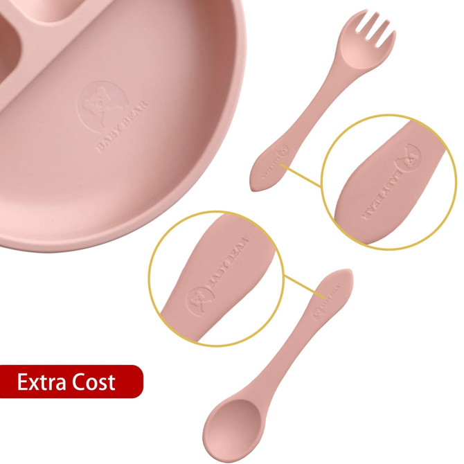 A pastel pink silicone kids suction plate with a fork and spoon, featuring a logo.