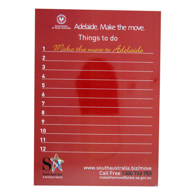 A red magnetic whiteboard featuring a list format with ten lines for notes and a logo at the bottom.