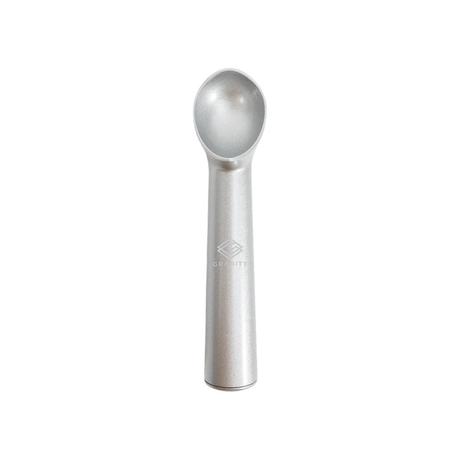 A silver ice cream scoop with a smooth, rounded bowl and a long handle, featuring a logo.
