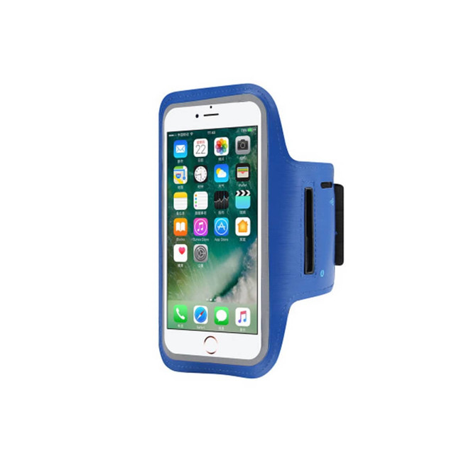 A blue cell phone arm band is displayed, featuring a slot for a smartphone and a pocket for accessories.