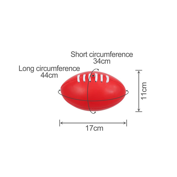 A red mini promotional Aussie rules ball with dimensions measuring 11 cm in height and 17 cm in width.