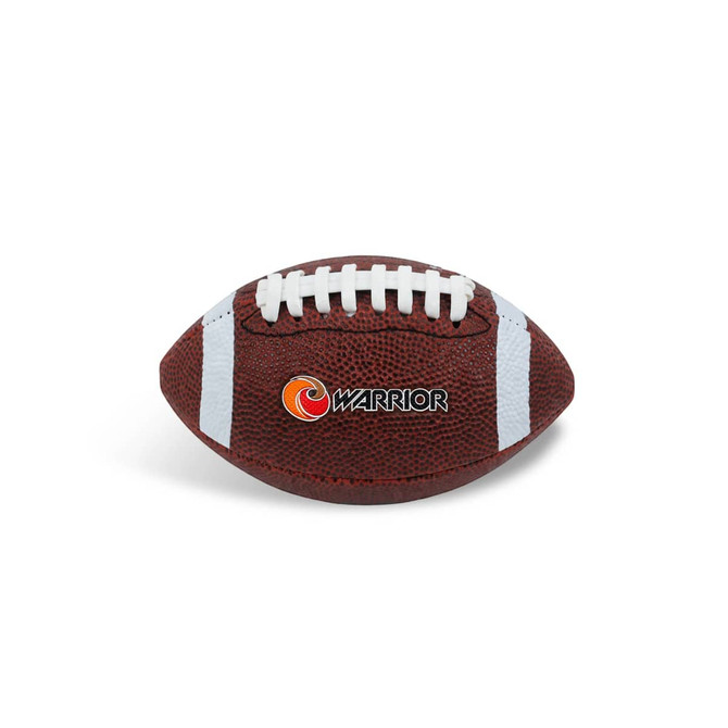 A mini promotional American football in brown with white laces and a logo.