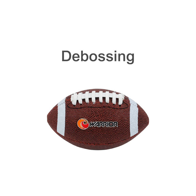 A mini promotional American football in brown with white laces and stripes, featuring a logo.