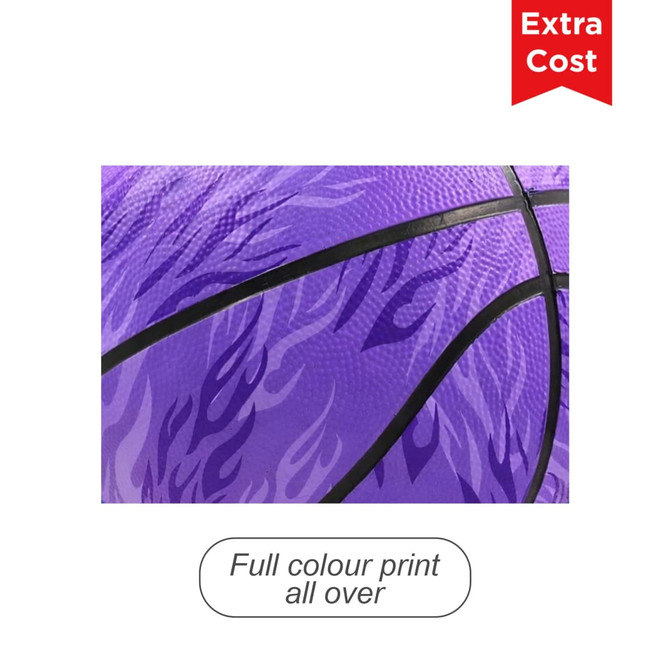 A purple basketball featuring a full colour print design with black accents and a logo.