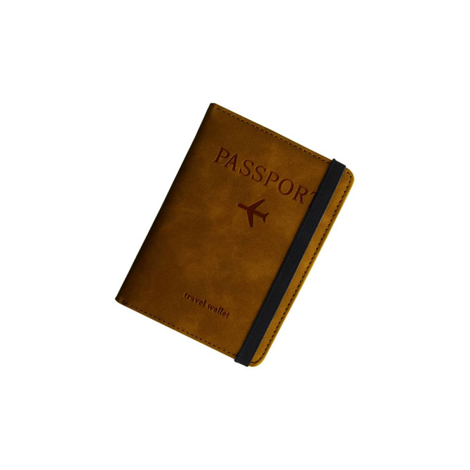 A brown PU leather passport holder with a black elastic band, featuring an airplane graphic and a logo.