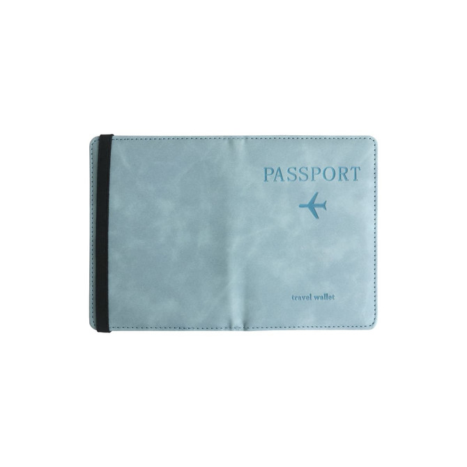 A light blue multifunctional PU leather passport holder with a black elastic band, featuring an airplane design and a logo.