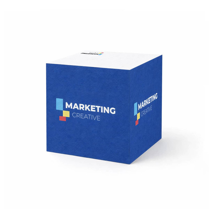 A blue cube with a textured surface, featuring a logo and the words "MARKETING" and "CREATIVE" on its sides.