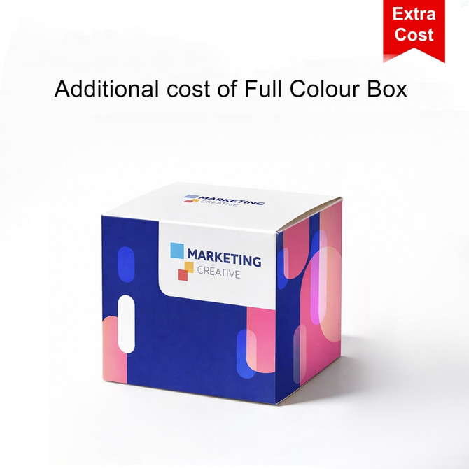 A square box in blue and pink with a logo, featuring a lid and cut-out handles.
