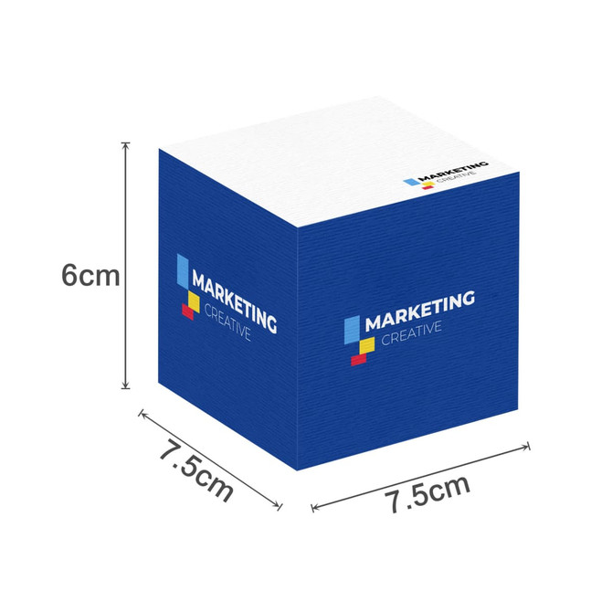 A blue cube-shaped sticky note pad with a white top, featuring a branding logo and specific dimensions.