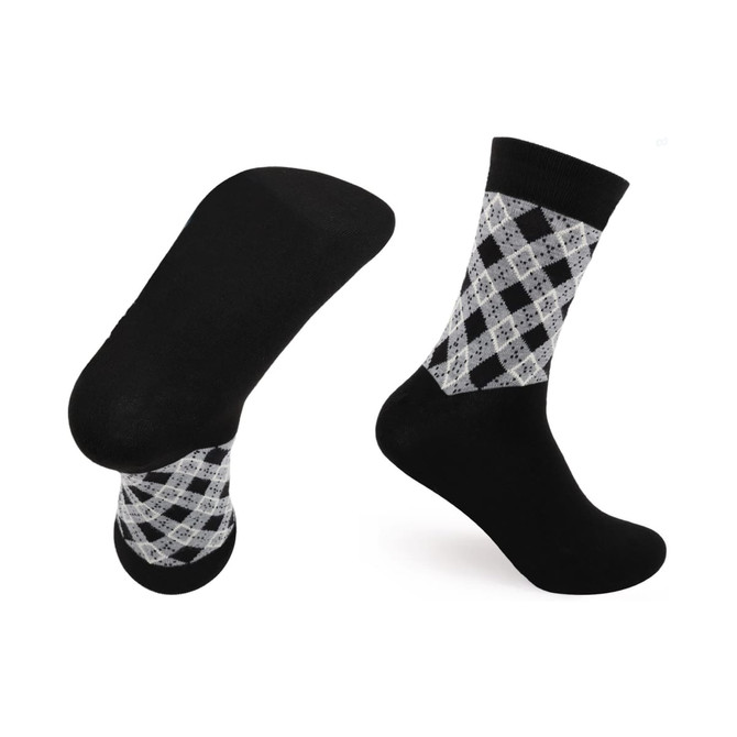 Crew custom pattern woven bamboo socks in black and grey with a towel bottom for added comfort. Features a logo.