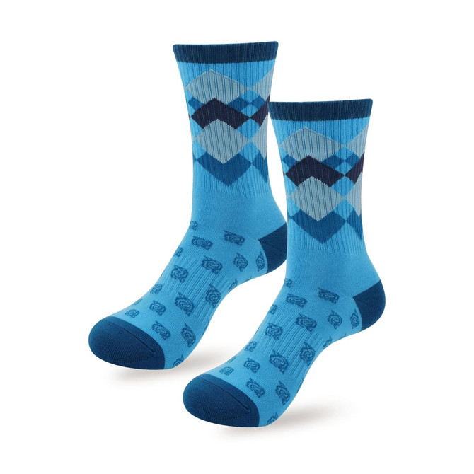 Crew woven work socks in shades of blue with a diamond pattern and a solid dark blue cuff and toe. Features a logo.