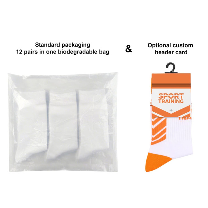 A packaged set of 12 pairs of crew woven sport socks in white with an orange design. The packaging is biodegradable.