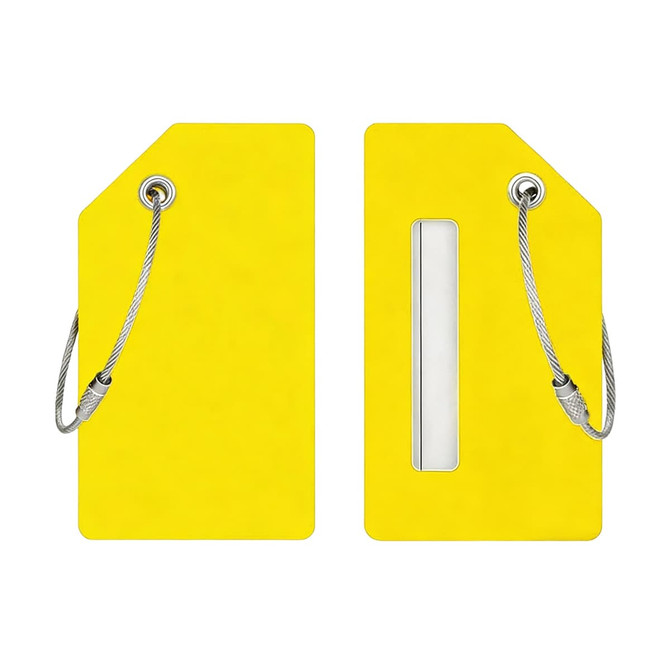 A soft silicone luggage tag in vibrant yellow, featuring a cable loop for attachment and a clear window for information.