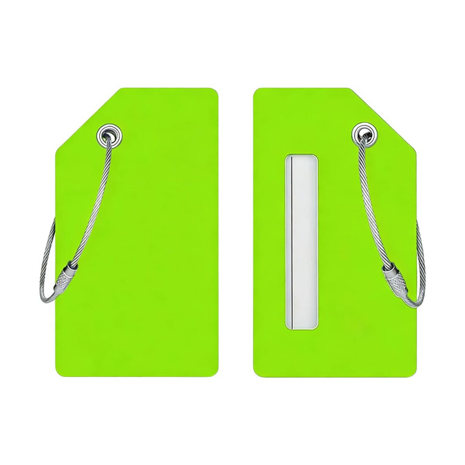 A bright green soft silicone luggage tag with a clear window for identification and metal attachment loop.