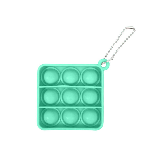 A square teal fidget keychain with eight pop bubbles and a silver chain for attachment.
