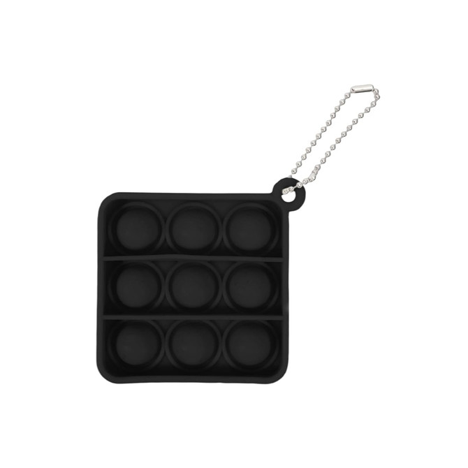 A black square fidget keychain featuring eight bubble-like sections and a metal attachment chain.