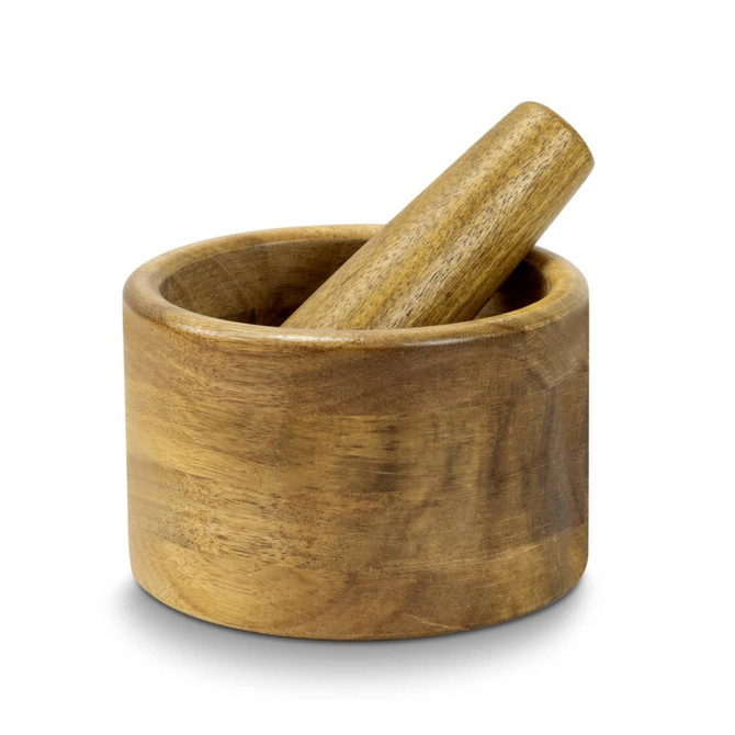 A wooden mortar and pestle with a natural finish, featuring smooth curved edges and a rounded pestle.